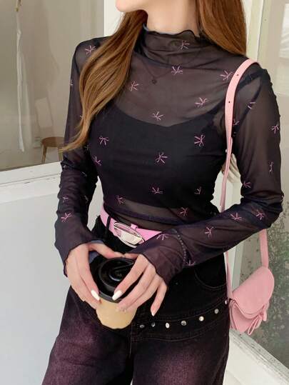 DAZY Blusa de malla con bordado de moño y bloques de color para salir, blusas transparentes de manga larga para mujeres, ropa de mujer para otoño