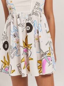 SHEINNeu Women's Random Printed Simple Daily Wear Spaghetti Strapa Line Casual Bubble Dress Back To School Outfits - White - View 5