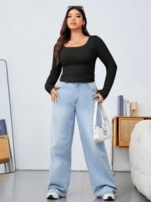 SHEIN EZwear Women's Plus Size Knitted Long Sleeve Solid Color Slim Fit T-Shirt With Square Neckline