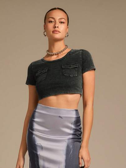  SHEINNeu Women's Summer Short Sleeve Slim Fit Work T-Shirt With Pockets Scrub Color Wash Short T-Shirt  Petite Summer Dresses  Casual Women Shirts