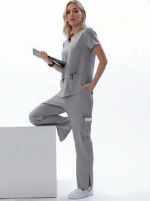 TaskEZ Women's Short Sleeve Nurse Uniform Scrub Set, 2pcs/Set, Summer - Grey - View 5