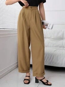 Mulvari Pantalon large tissé décontracté pour femmes, couleur unie - Kaki - Voir 1