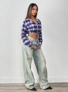 SHEIN Unity Plaid Print Drop Shoulder Drawstring Hem Crop Hooded Jacket - Multicolor - View 4