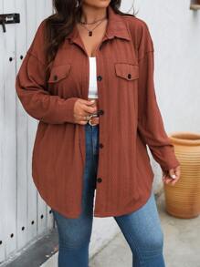 SHEIN LUNE Plus Size Women's Solid Color Casual Loose Long Sleeve Jacket For Spring/Summer - Coffee Brown - View 4