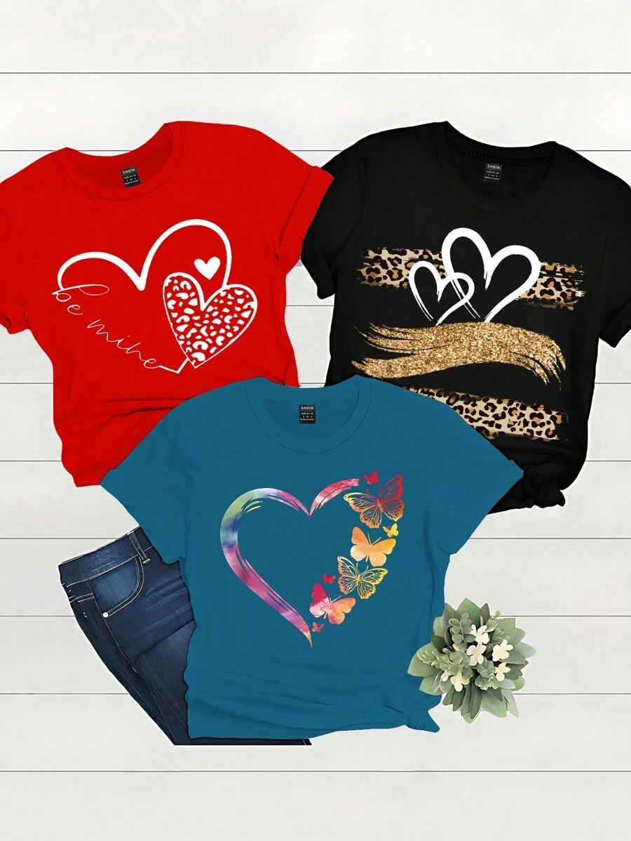 INAWLY 3pcs Leopard & Floral Print Heart Shaped Women's T-Shirt Summer Combo Graphic Tees Women Tops - Multicolor - View 1