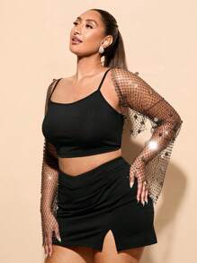 SHEIN BAE Áo nữ cỡ lớn màu đen trơn, thích hợp cho các buổi hòa nhạc/lễ hội âm nhạc đồng quê, đính đá lấp lánh tinh tế. Hoàn hảo cho các bữa tiệc sang trọng, đi chơi đêm, mùa hè, kiểu dáng ôm sát và xuyên thấu gợi cảm. - màu đen - Xem 5