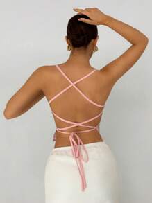 Aloruh Camisola blanca de encaje sin espalda y con lazo en el cuello para mujer, ideal para citas románticas - Rosa - Ver 2