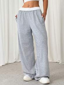 SHEIN EZwear Women Light Gray Casual Baggy Wide Leg Sweatpants Graduation,Back To School Outfits,Graduation,Teacher Outfits For Women,Back To School - Light Grey - View 5
