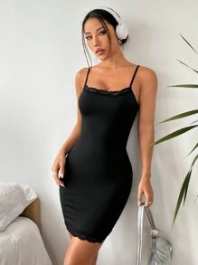 SHEIN EZwear Women's Slim Fit Spaghetti Strap Lace Trimmed Dress - Black - View 5
