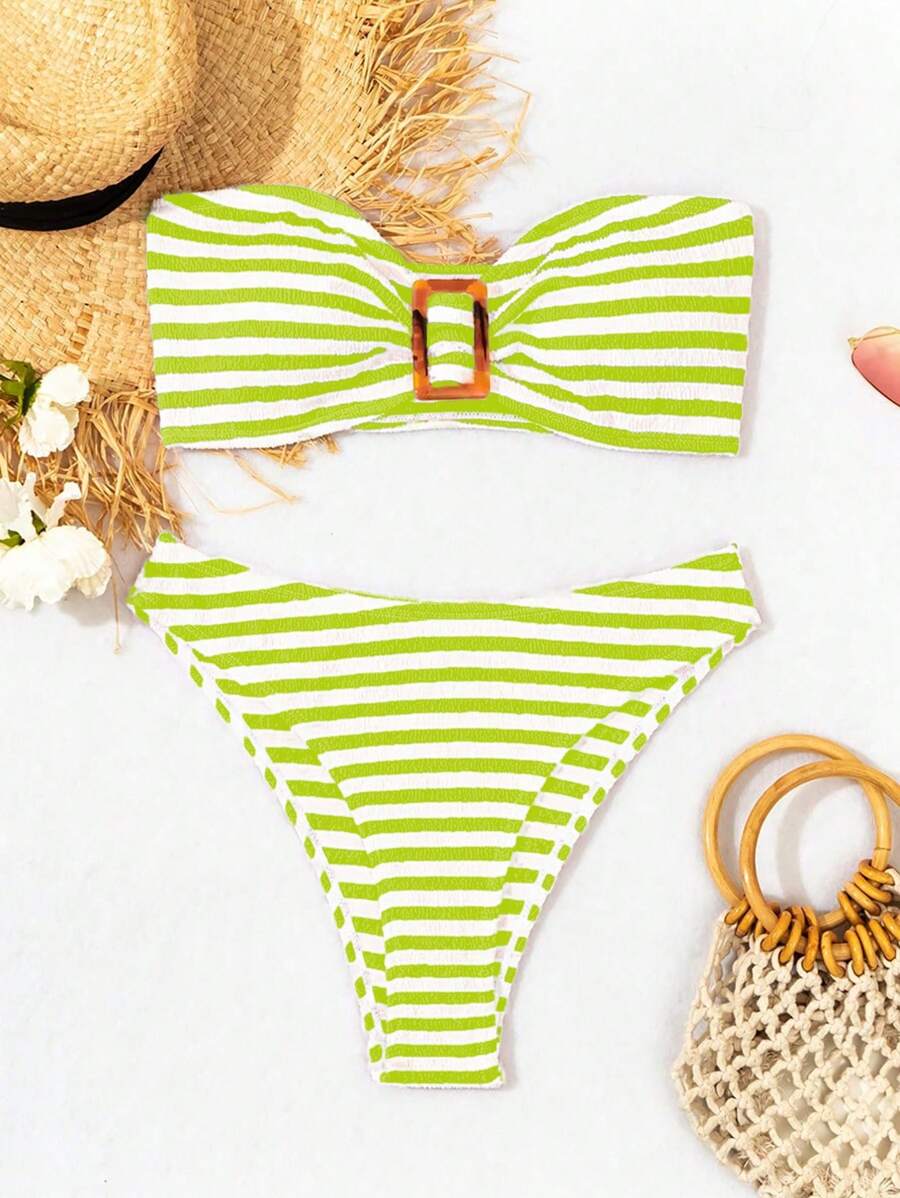 SHEIN Swim 條紋抹胸式泳衣和泳褲比基尼套裝夏日海灘 - 彩色 - 查看 1