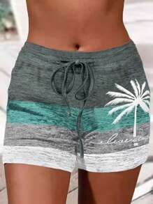 Shorts de mujer con cintura elástica y cordón, estampado de palmera, ajuste ceñido, ideales para playa y vacaciones, cómodos para uso en casa, adecuados para el verano