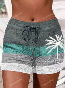 Women Elastic Waist Drawstring Coconut Tree Print Slim Fit Beach Holiday Shorts, Comfortable Home Wear, Suitable For Summer