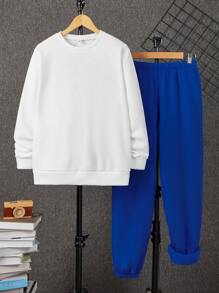 SHEIN 2 件套青少年男童休闲宽松背印图案圆领运动衫和抽绳羊毛加厚运动裤套装 - 彩色 - 查看 2