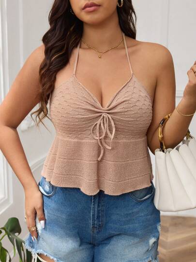 SHEIN Privé Plus Size Elegant Vacation Date Beach Back-To-School V-Neck Ruffle Halter Tie-Up Knitted Blouse In Earthy Tones For Women