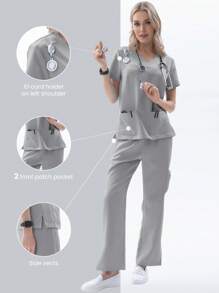 TaskEZ Women's Short Sleeve Nurse Uniform Scrub Set, 2pcs/Set, Summer - Grey - View 1