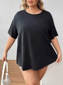 SHEIN CURVE+ Plus Size Acid Washed Retro Knitted Loose Short Sleeve T-Shirt - Dark Grey - View 6
