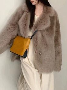1pc Women Furry Long Sleeve Button Elegant Luxurious Gentle Fur Collar Cardigan - Castanho - Visão 1
