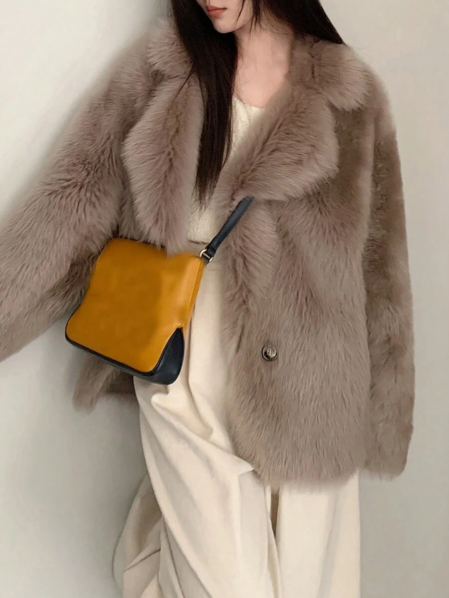 1pc Women Furry Long Sleeve Button Elegant Luxurious Gentle Fur Collar Cardigan - Castanho - Visão 1