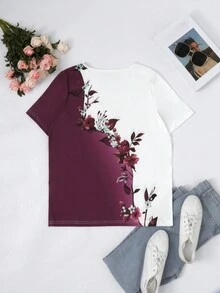 Casual Fashion Formal Button Short Sleeve Printed V-Neck Women's T-Shirt Summer Vacation - Burgundy - View 2
