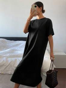 Livesso Vestido largo de mujer de manga corta y cuello redondo, vestido casual diario de verano