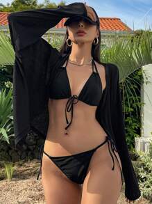 DAZY Women's Simple Solid Color Daily Long Sleeve Kimono Cover Up Summer Sheer Vacation Beach - Black - View 5