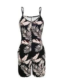 BamGleam 女式休閒植物印花肩帶連身褲