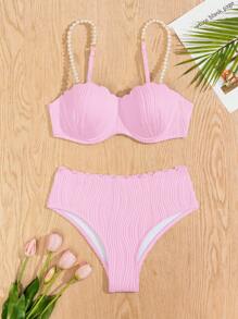 Women's Solid Color Simple Daily Bikini Set With Faux Pearl Decoration Summer Beach - Baby Pink - View 6