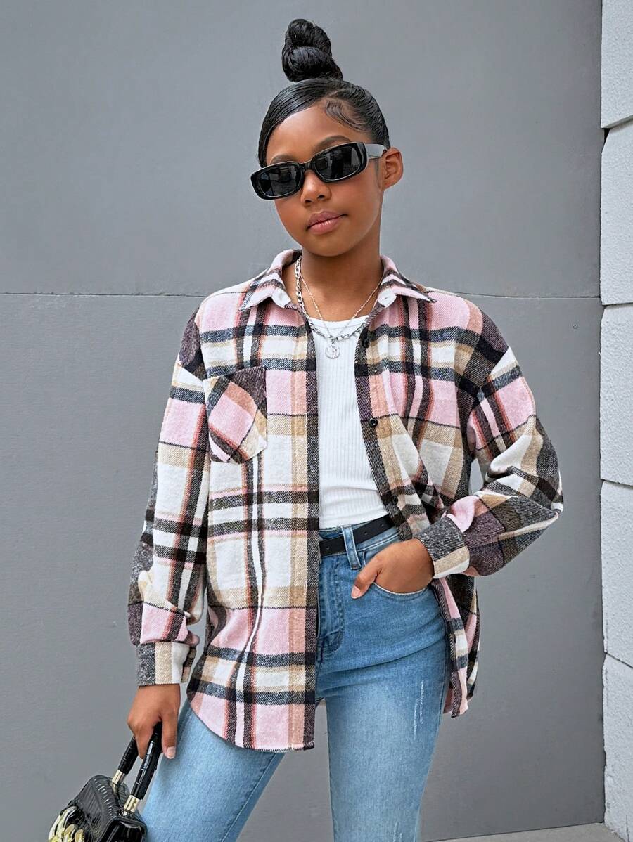 SHEIN Leap Crew Tween Girls' Casual Woven Plaid Long Sleeve Shirt Top Jacket, Fall & Winter - Green - View 1