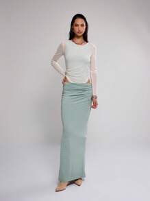 MUSERA Mesh Ruched Contrast Layer Bodysuit Casual Spring Summer Vacation Easter - Green - View 5