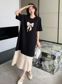 DAZY 夏季优雅女士蝴蝶结拼布连衣裙、荷叶边、休闲女士连衣裙 - 黑與白 - 查看 4