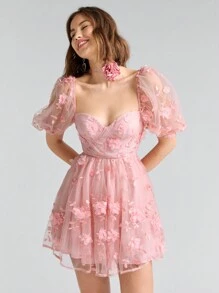 Enchnt Romantic 3D Floral Embroidered Net Yarn Backless Short Dress - Pink - View 4