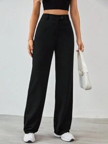 SHEIN Tall Women's Solid Color Zipper Built-In Straight Pants