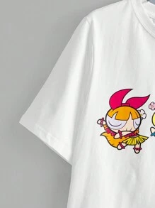 THE POWERPUFF GIRLS X SHEIN 大碼卡通印花短袖休閒T恤，夏季