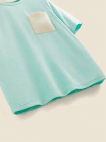 SHEIN Teens Boys' Contrast Color Pocket Soft Terry Crew Neck Loose Casual T-Shirt For Back To School Season - Green - View 4