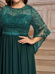 SHEIN Belle Plus Size Dark Green Beaded Sequin Ruffled Sleeve Chiffon Dress, Elegant & Graceful For Formal Occasions - Dark Green - View 7