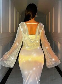 Zolique 女士时尚派对闪光水钻华丽镂空透明宽袖口上衣 - 白色 - 查看 3