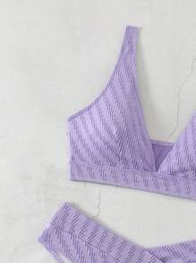 SHEIN Swim Women's Summer Beach Solid Textured  Bikini Set - Purple - View 3
