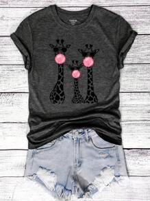 INAWLY Camiseta casual de gráfico de manga corta y cuello redondo con estampado de jirafa para mujer de talla grande