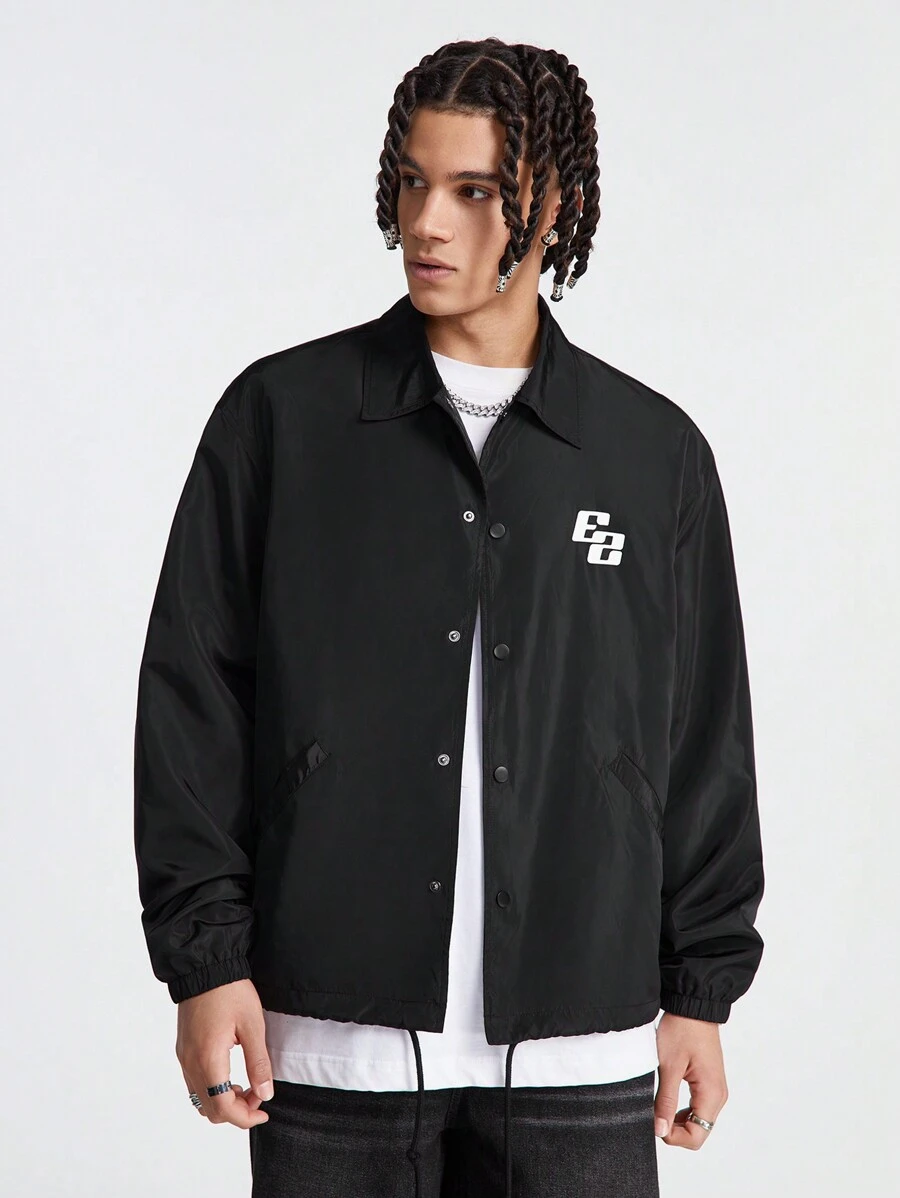 Manfinity VCAY Men Letter Print Button Front Jacket, Long Sleeve, Going Out, Boyfriend Gift, Bomber Jacket, For Fall Winter