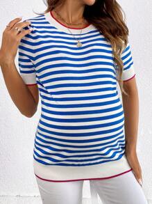 SHEIN 孕婦條紋圓領短袖休閒毛衣，秋冬季 - 彩色 - 查看 4