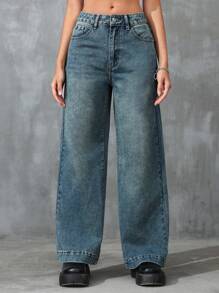 SHEIN EZwear 斜口口袋寬腳牛仔褲（無腰帶） - 中等水洗藍 - 查看 1