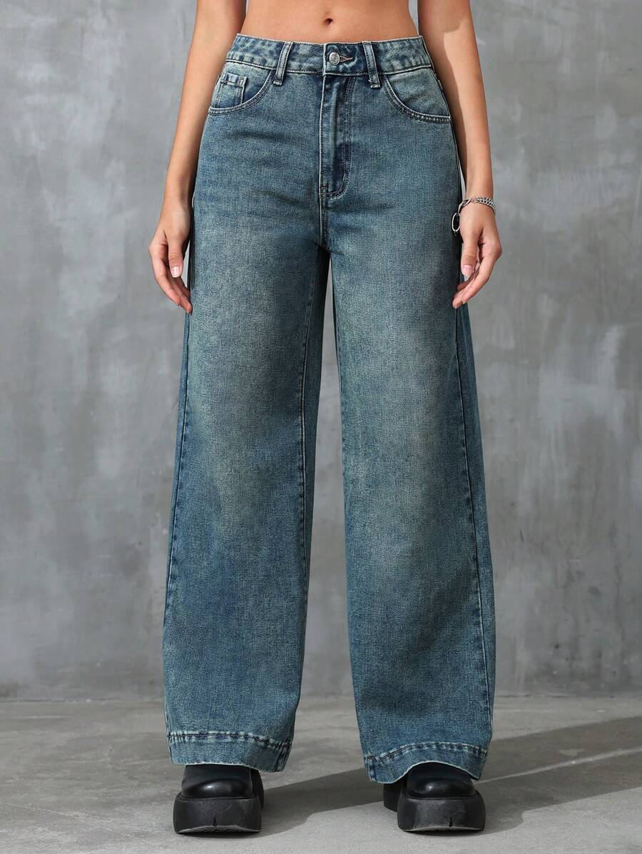 SHEIN EZwear 斜口口袋寬腳牛仔褲（無腰帶） - 中等水洗藍 - 查看 1