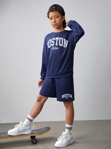 SHEIN 少年寬鬆運動和休閒字母印花短袖T恤和短褲套裝 - 寶藍色 - 查看 5