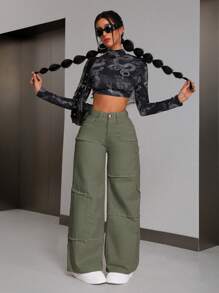 SHEIN PETITE Women's Loose Fit Casual Wide Leg Denim Jeans With Frayed Hem Patchwork - Green - View 5