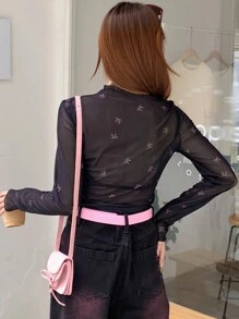 DAZY Áo lưới thêu nơ màu cho nữ, áo đi chơi tay dài trong suốt, quần áo nữ mùa thu - Nhiều màu - Xem 5
