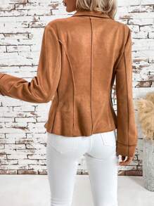 SHEIN Clasi 女士優雅的襯衫領束腰麂皮夾克 - 棕色 - 查看 2
