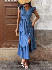 SHEIN Clasi Vestido largo con efecto de mezclilla, escote en V y mangas acampanadas clásicas - Azul - Ver 5