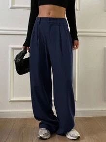 DAZY Jednokolorowe, codzienne, proste, regularne spodnie z kieszeniami, damskie, późna jesień, swobodne, plisowane, kieszeń, zamek błyskawiczny, naturalne, proste nogawki, długie, granatowe, regularne, damskie spodnie, codzienne, codzienne - Granatowy - Zobacz 5