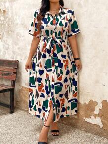 Plus Allover Print Belted Shirt Dress Women Outfit, For Summer - Multicolor - View 1