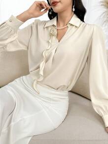 Modelyn Solid Stereo Flowers Ruffle Trim Blouse - Apricot - View 1